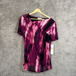 Calvin Klein Shirt Womens Medium Pink Watercolor Asymetrcal Neck Short Sleeve